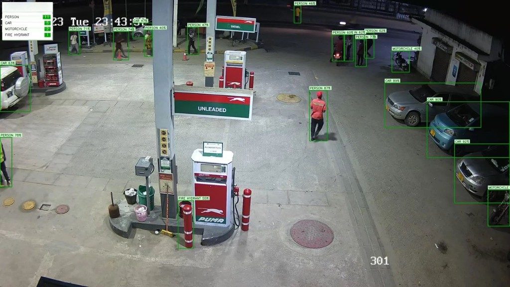 AI-labelled petrol station at night with people and cars on screen
