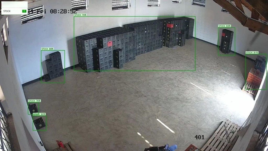 AI-labelled warehouse view showing stock levels on crate stacks